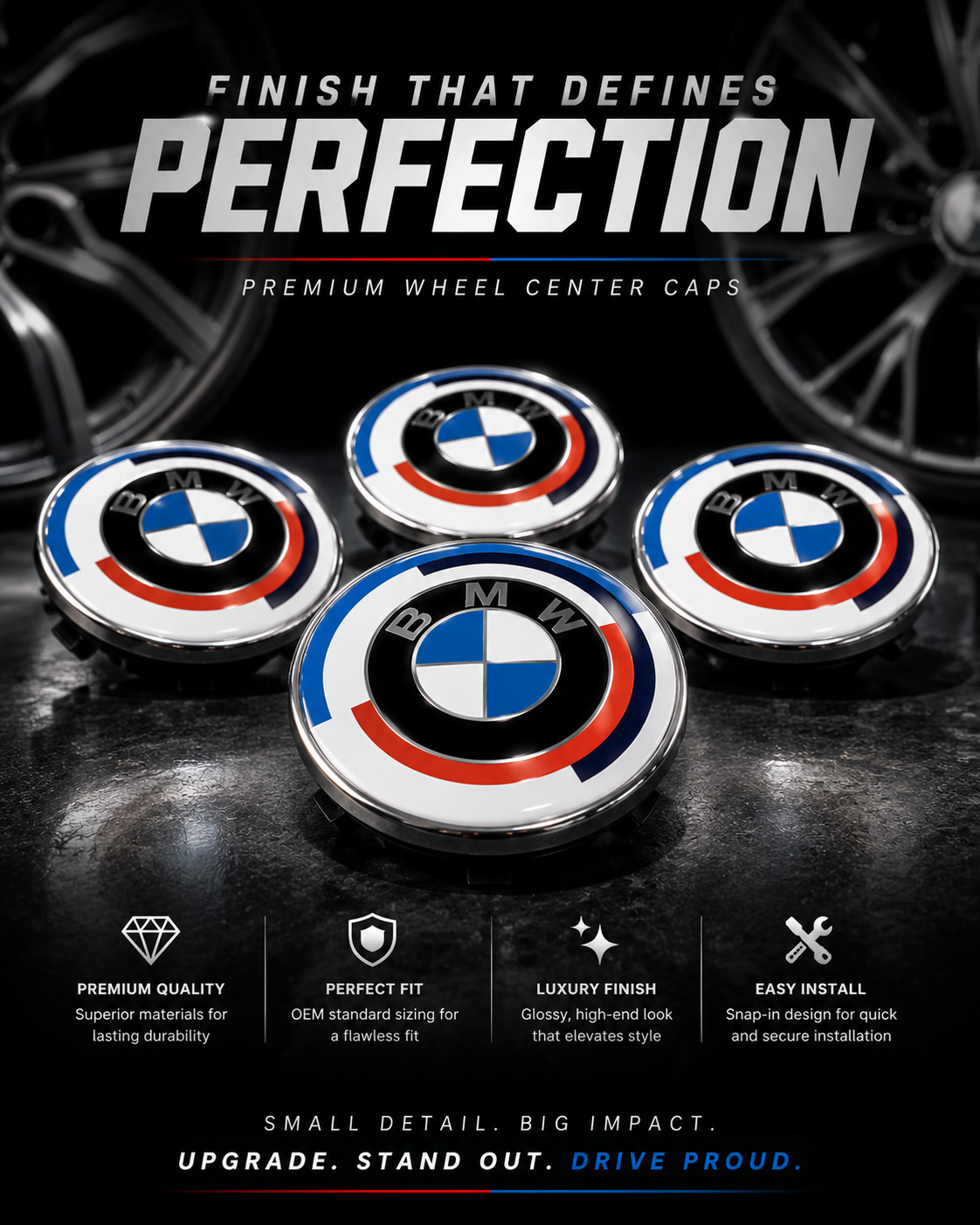4x Blue Alloy Wheel Centre Caps 68mm Hub Caps Compatible with BMW E60 E90 E92 E82 E87 F10 F20 F30