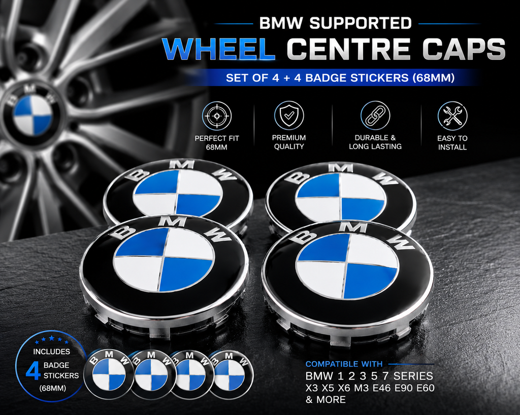 Wheel Centre Caps Set of 4 + 4 Badge Stickers 68mm for BMW – Fits 1 2 3 5 7 Series X3 X5 X6 M3 E46 E90 E60 Alloy Hub Caps Replacement
