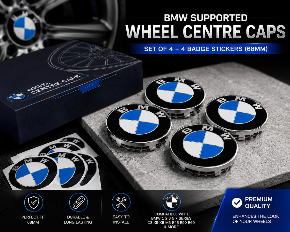 Wheel Centre Caps Set of 4 + 4 Badge Stickers 68mm for BMW – Fits 1 2 3 5 7 Series X3 X5 X6 M3 E46 E90 E60 Alloy Hub Caps Replacement