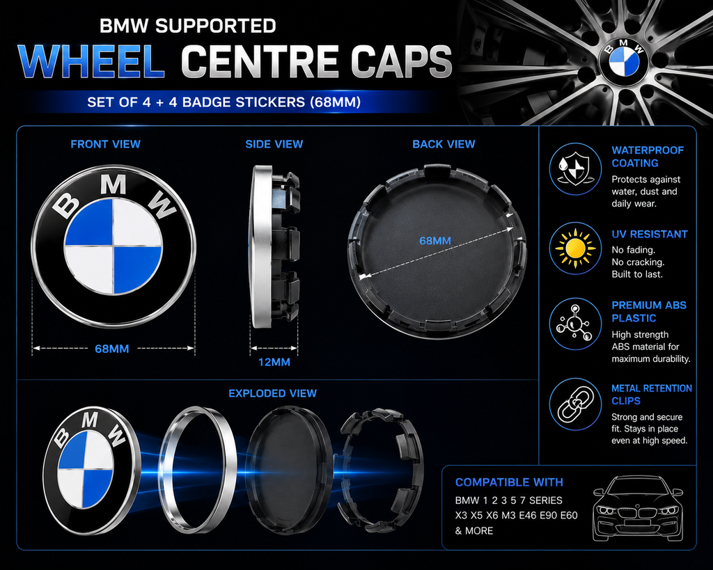 Wheel Centre Caps Set of 4 + 4 Badge Stickers 68mm for BMW – Fits 1 2 3 5 7 Series X3 X5 X6 M3 E46 E90 E60 Alloy Hub Caps Replacement