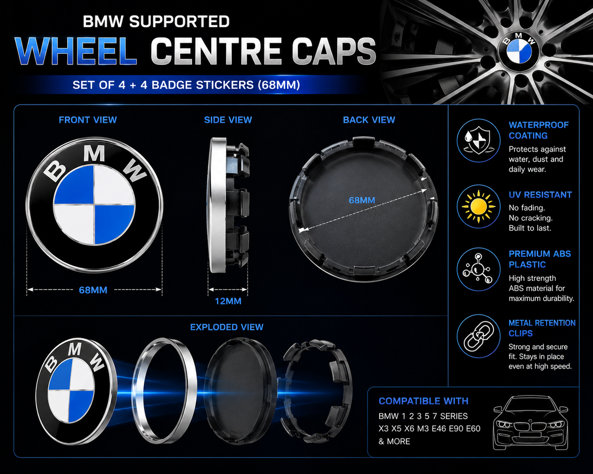 Wheel Centre Caps Set of 4 + 4 Badge Stickers 68mm for BMW – Fits 1 2 3 5 7 Series X3 X5 X6 M3 E46 E90 E60 Alloy Hub Caps Replacement