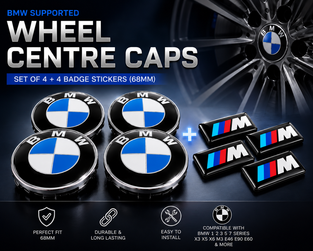 Wheel Centre Caps Set of 4 + 4 Badge Stickers 68mm for BMW – Fits 1 2 3 5 7 Series X3 X5 X6 M3 E46 E90 E60 Alloy Hub Caps Replacement