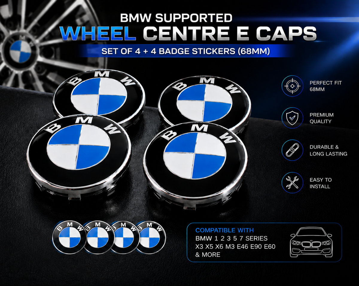 Wheel Centre Caps Set of 4 + 4 Badge Stickers 68mm for BMW – Fits 1 2 3 5 7 Series X3 X5 X6 M3 E46 E90 E60 Alloy Hub Caps Replacement