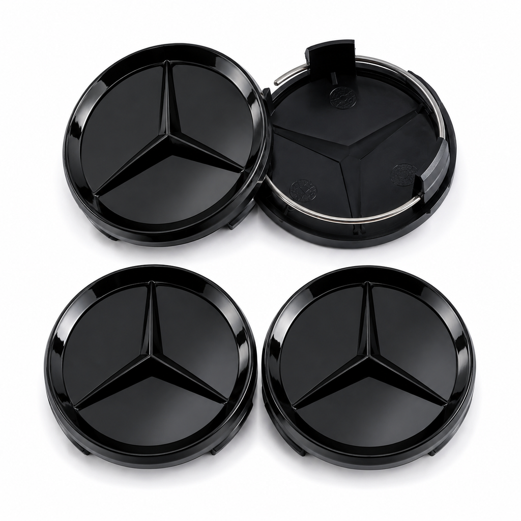 4x 75mm Gloss Black Wheel Centre Caps Compatible with Mercedes-Benz A B C E S M Class & AMG Models