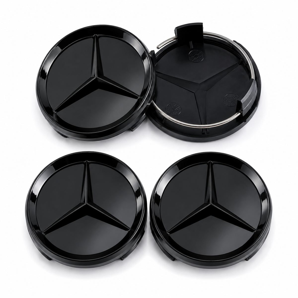 4x 75mm Gloss Black Wheel Centre Caps Compatible with Mercedes-Benz A B C E S M Class & AMG Models