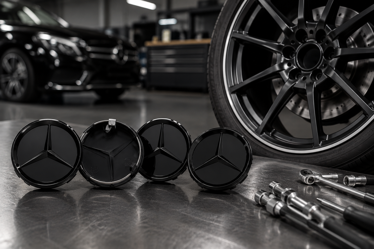 4x 75mm Gloss Black Wheel Centre Caps Compatible with Mercedes-Benz A B C E S M Class & AMG Models