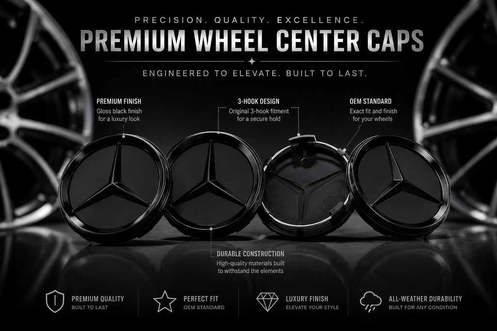 4x 75mm Gloss Black Wheel Centre Caps Compatible with Mercedes-Benz A B C E S M Class & AMG Models