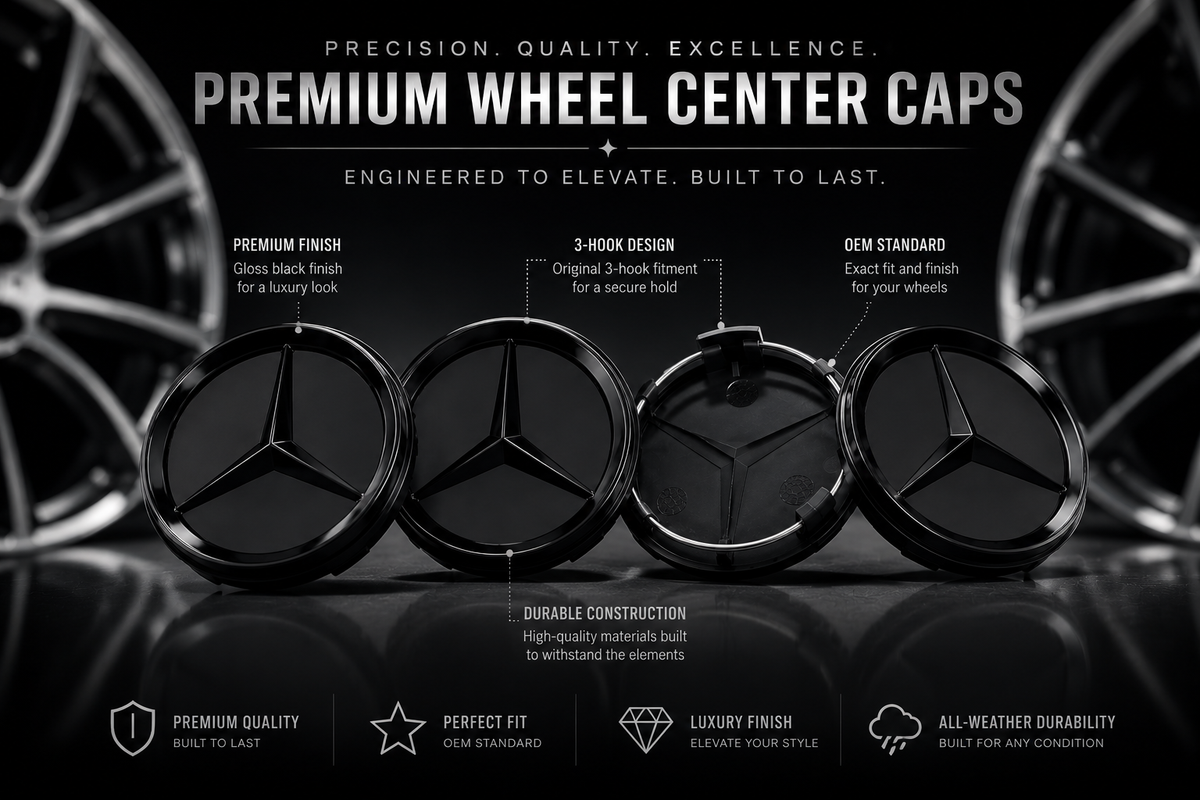 4x 75mm Gloss Black Wheel Centre Caps Compatible with Mercedes-Benz A B C E S M Class & AMG Models