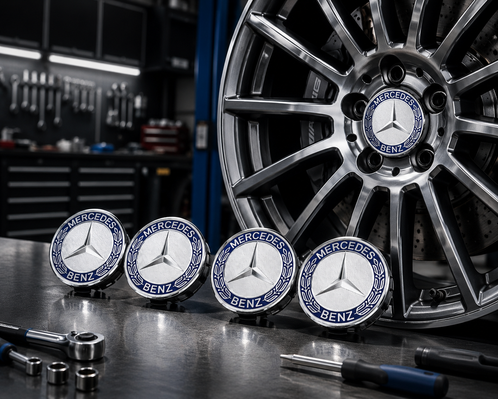 4x 75mm Blue Wheel Centre Caps Compatible with Mercedes-Benz Alloy Wheels