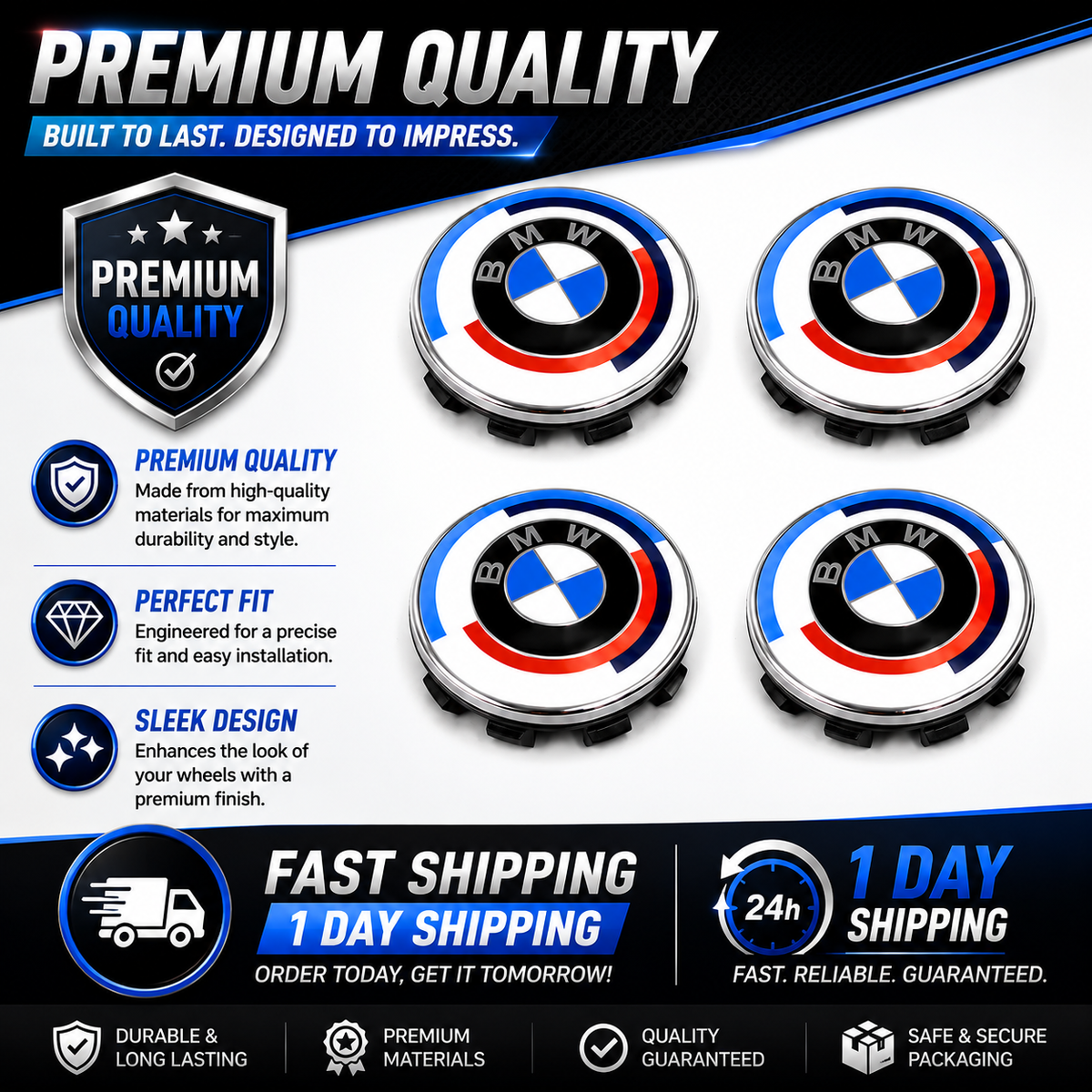 4x Blue Alloy Wheel Centre Caps 68mm Hub Caps Compatible with BMW E60 E90 E92 E82 E87 F10 F20 F30