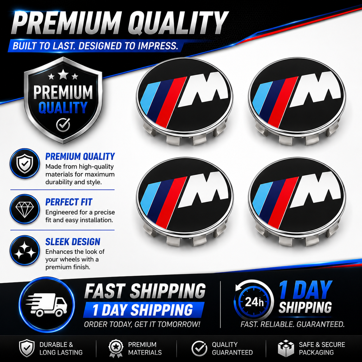 4x 68mm M Sport Style Wheel Centre Caps Compatible with BMW E46 E90 E39 E60 E30 E36 F30