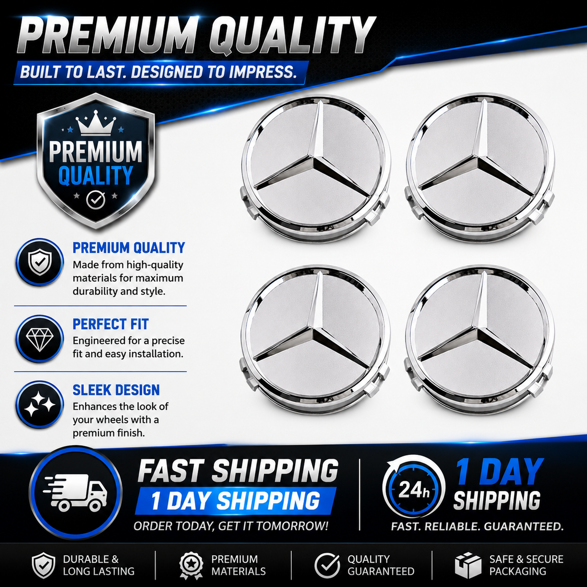 4x 75mm Matte Silver Wheel Centre Caps Compatible with Mercedes-Benz A B C E Class