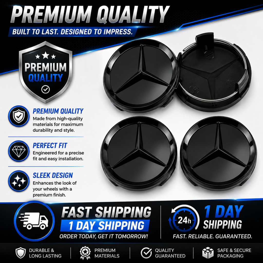 4x 75mm Gloss Black Wheel Centre Caps Compatible with Mercedes-Benz A B C E S M Class & AMG Models