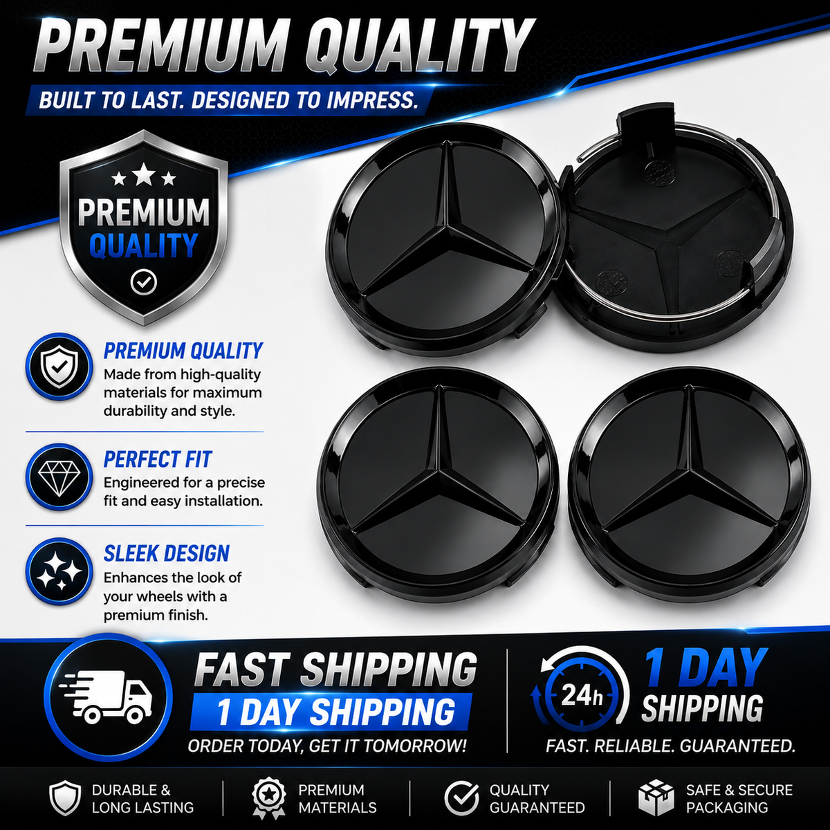4x 75mm Gloss Black Wheel Centre Caps Compatible with Mercedes-Benz A B C E S M Class & AMG Models