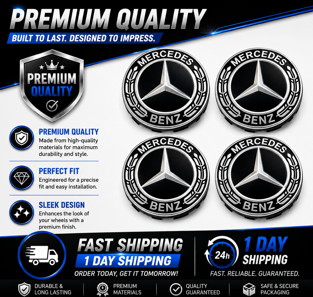 4x 75mm Black Wheel Centre Hub Caps Compatible with Mercedes-Benz – Alloy Wheel Centre Covers for A B C E S M Class & AMG