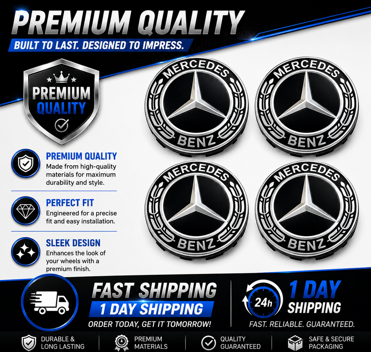 4x 75mm Black Wheel Centre Hub Caps Compatible with Mercedes-Benz – Alloy Wheel Centre Covers for A B C E S M Class & AMG