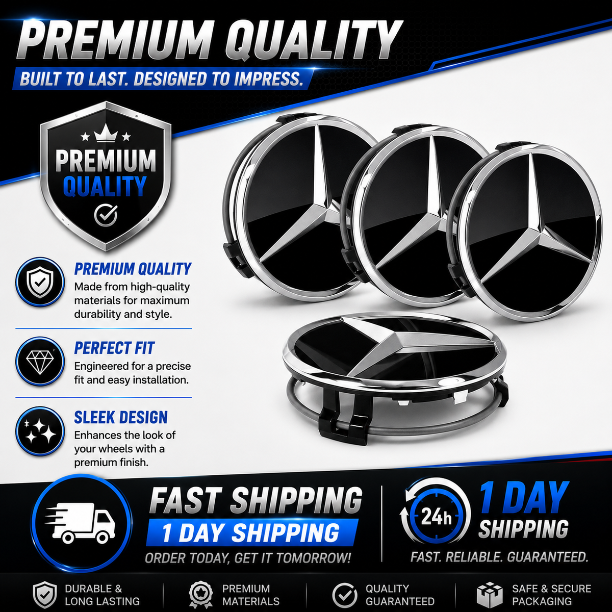 4x 75mm Black Wheel Centre Caps Compatible with Mercedes-Benz Alloy Wheels