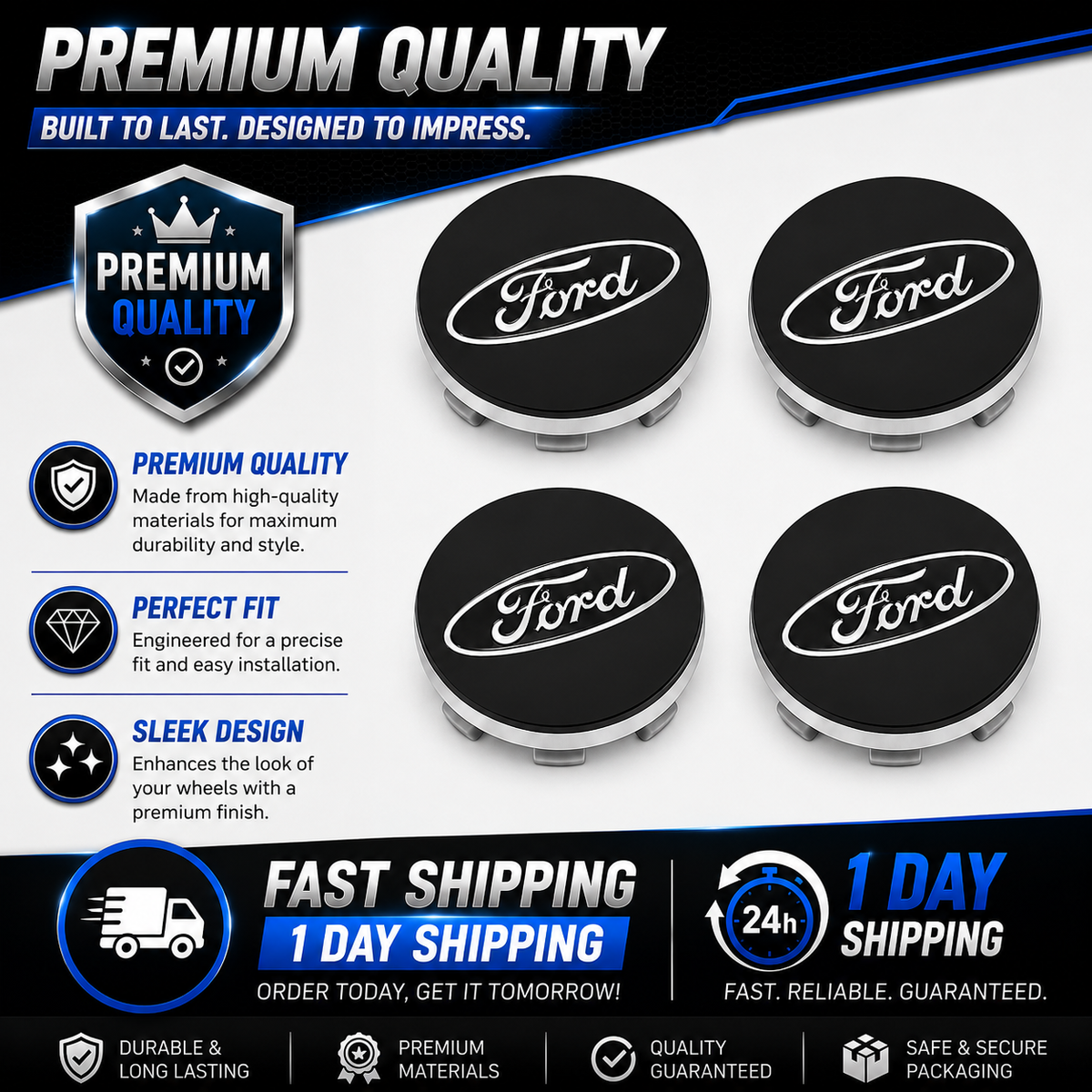 Ford-Style Wheel Centre Caps 54mm Set of 4 – Black Alloy Hub Caps Covers Replacement Fits Fiesta Focus KA