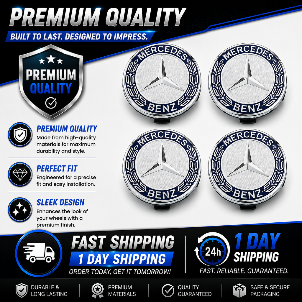 4x 75mm Blue Wheel Centre Caps Compatible with Mercedes-Benz Alloy Wheels