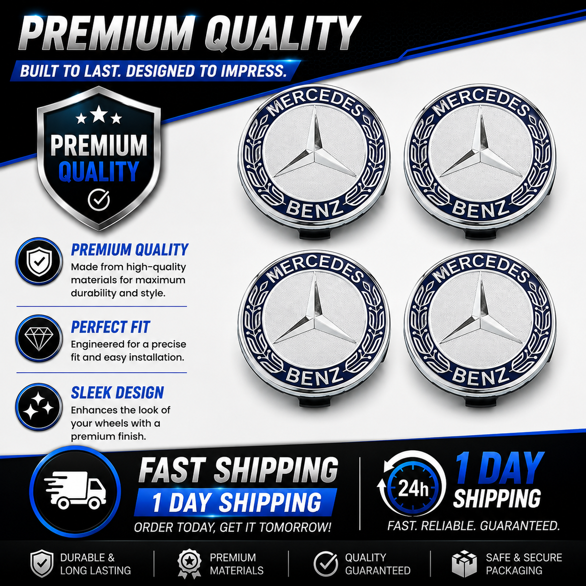 4x 75mm Blue Wheel Centre Caps Compatible with Mercedes-Benz Alloy Wheels