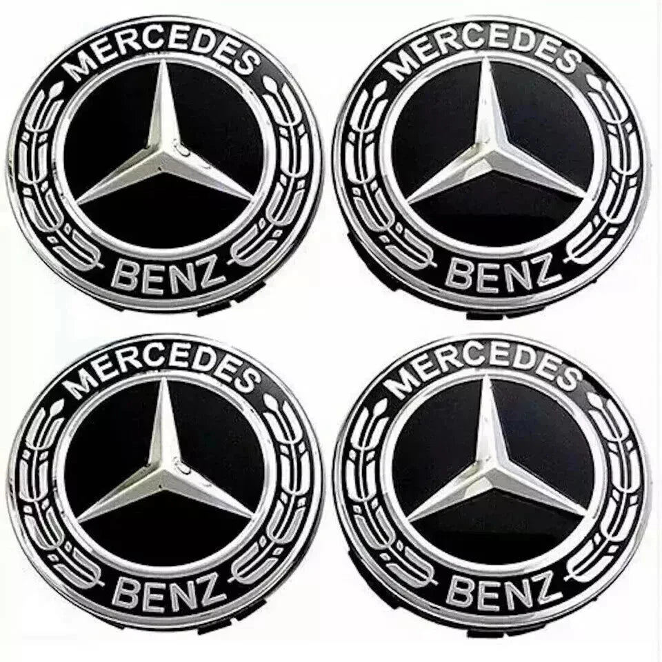 Mercedes-Style Wheel Centre Caps 75mm Set of 4 – Black Alloy Hub Caps Covers Replacement Fits A B C E S M Class AMG